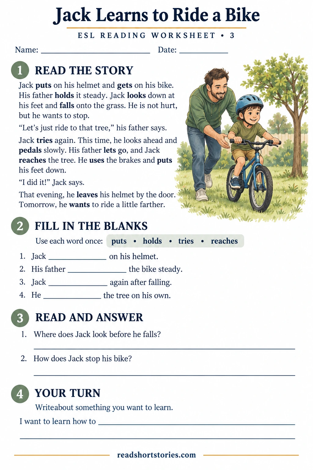 ESL worksheet about Jack learning to ride a bike, with highlighted verbs, gap-fill sentences, and comprehension questions