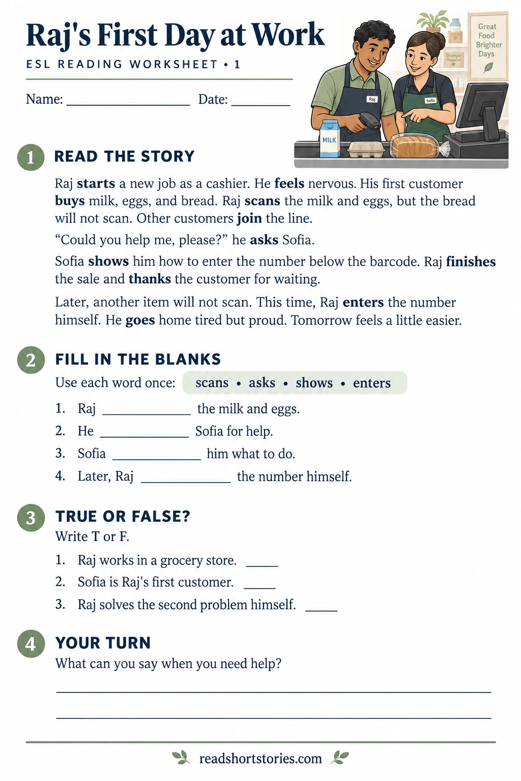 ESL worksheet about Raj’s first day as a cashier, with a short story, verb gap-fill exercise, and true-or-false questions