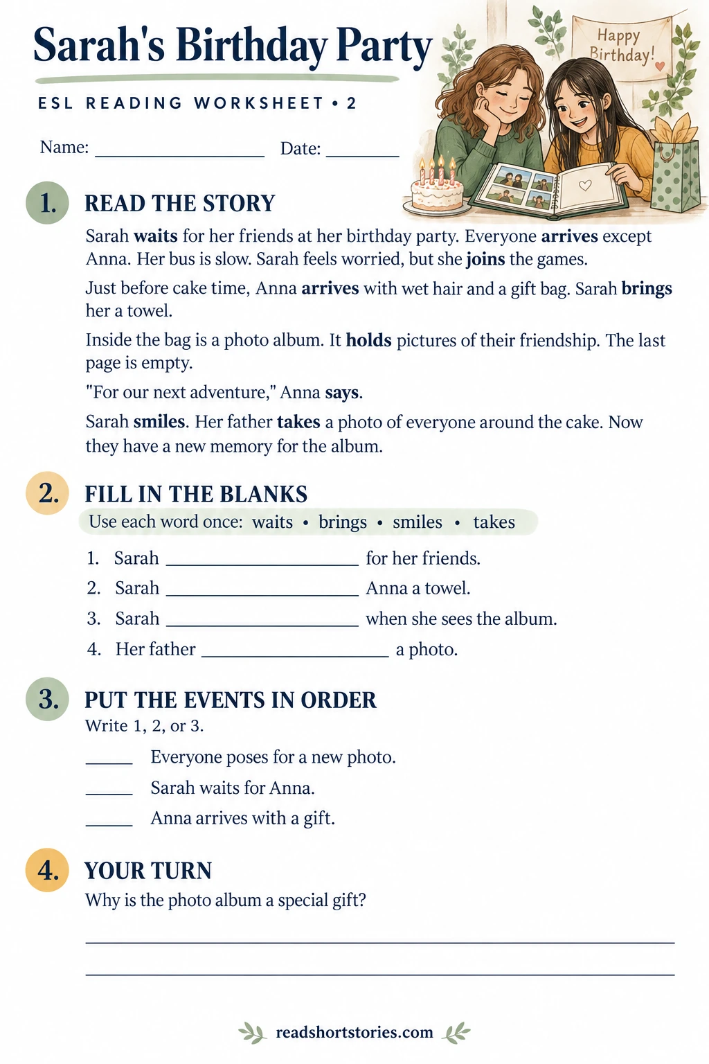 ESL worksheet about Sarah’s birthday party, with a short story, missing verbs, event sequencing, and a writing question