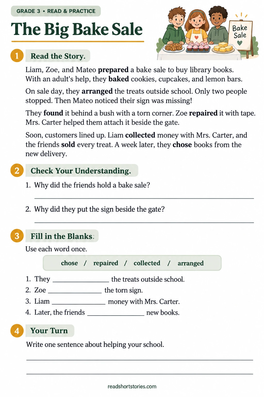 Grade 3 bake sale worksheet with a short story, highlighted past-tense verbs, comprehension questions, and verb gaps.