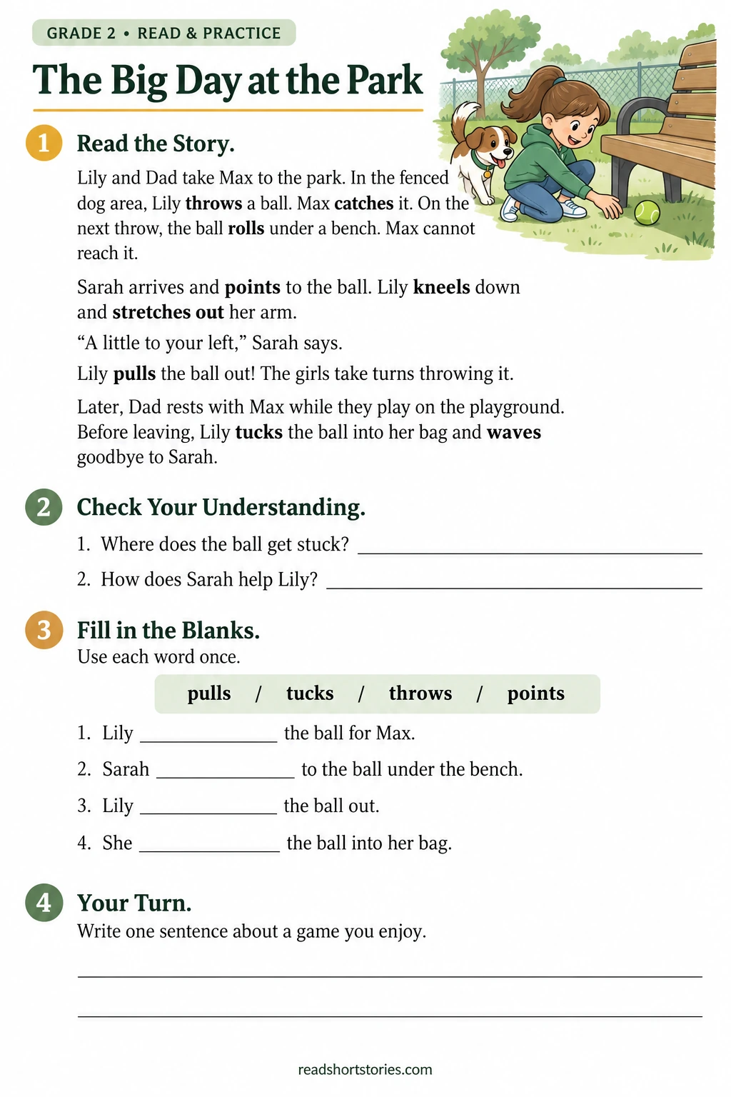 Grade 2 worksheet about Lily and Max retrieving a ball at the park, with reading questions and action verb exercises.