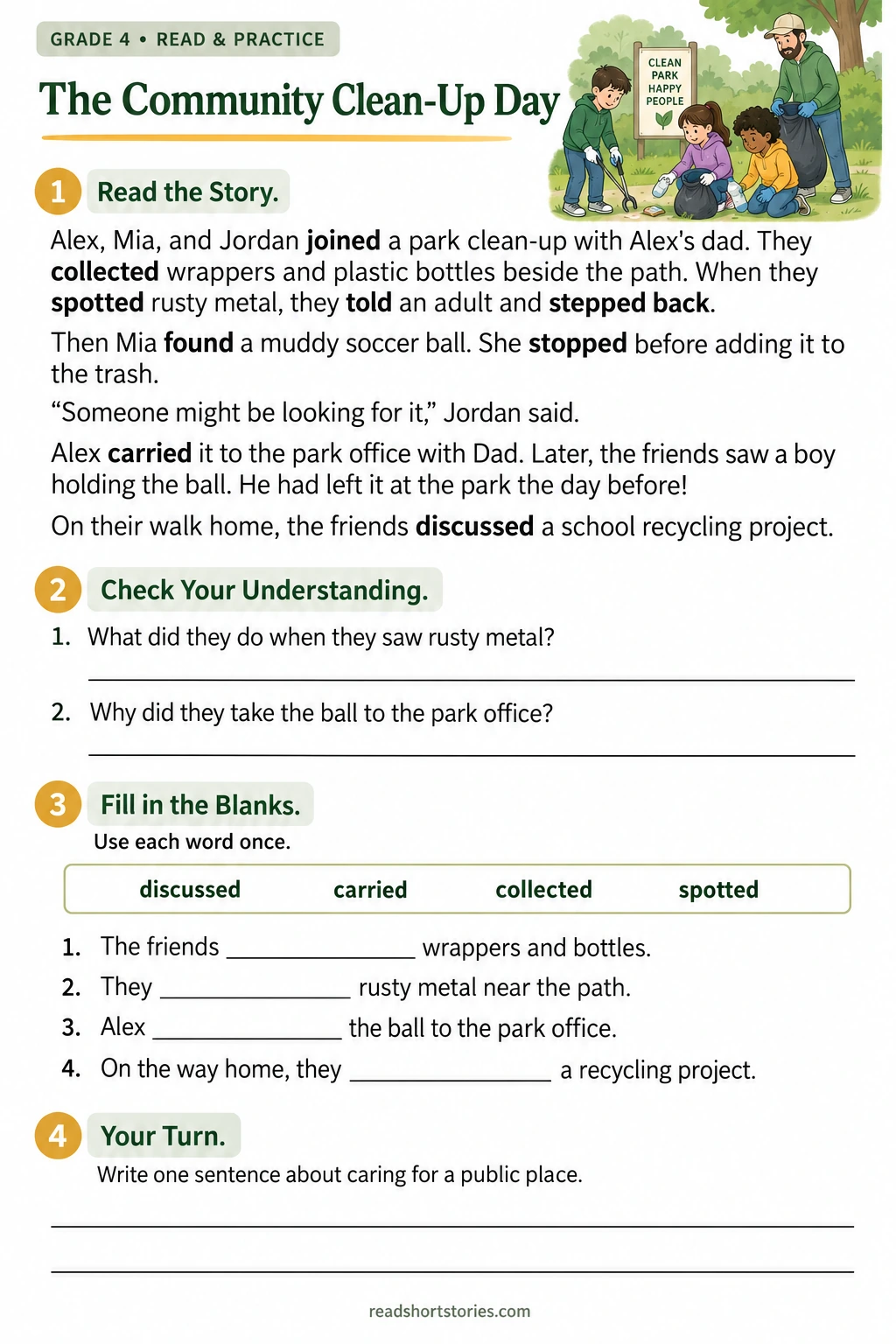 Grade 4 park clean-up worksheet with a short story about returning a lost ball, comprehension questions, and past-tense verb gaps.