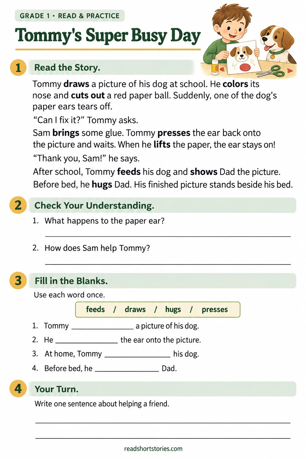 Grade 1 worksheet about Tommy fixing a dog picture, with a short story, comprehension questions, and action verb exercises.