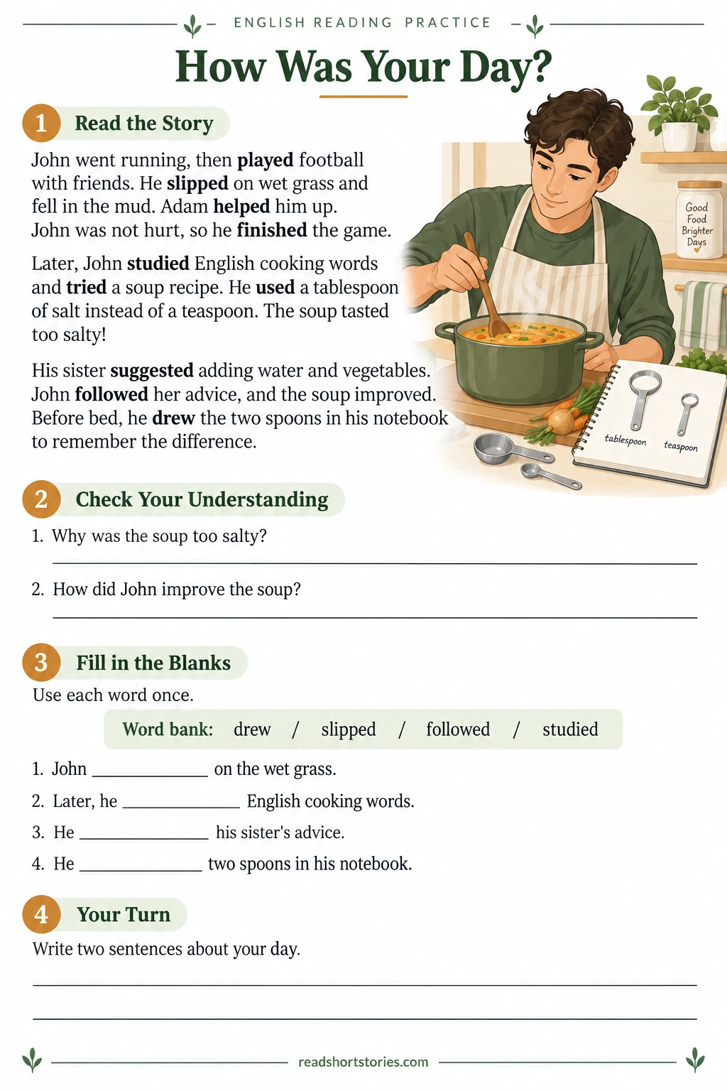 English worksheet about John’s day and a cooking mistake, with reading questions and past-tense verb exercises.