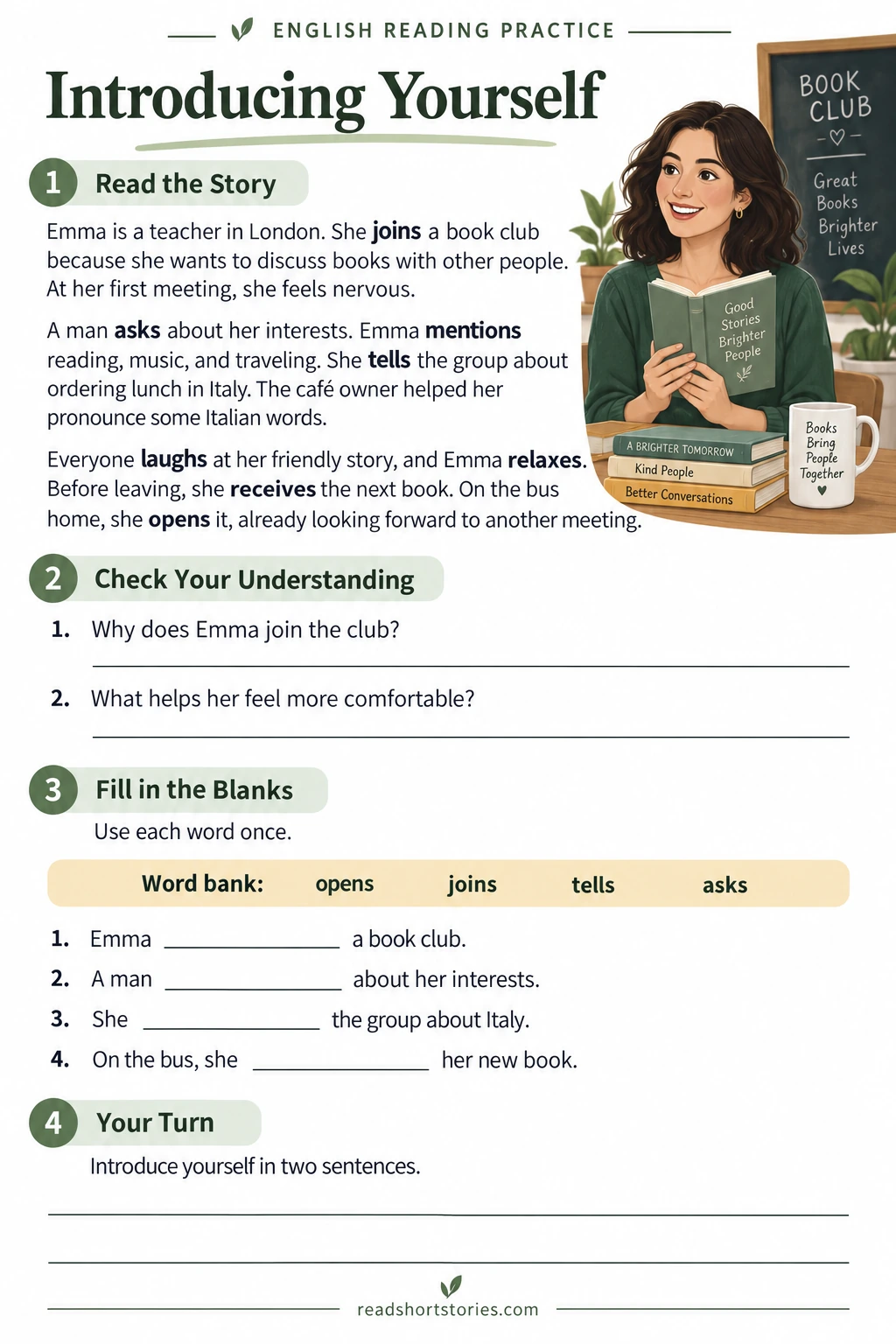 English worksheet about Emma joining a book club, with a short story, comprehension questions, and verb gaps.