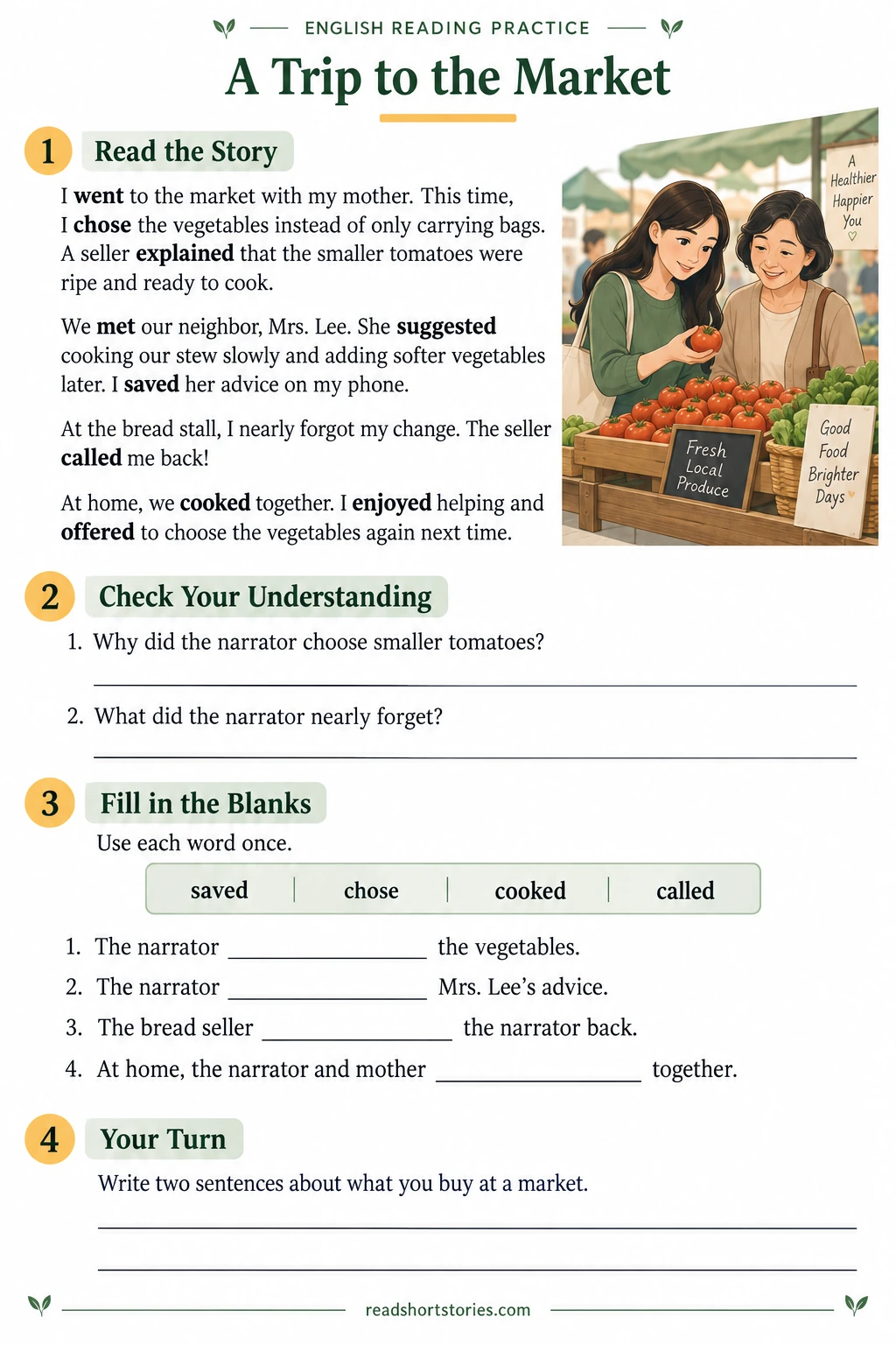 Market story worksheet about choosing vegetables and remembering change, with comprehension questions and verb exercises.