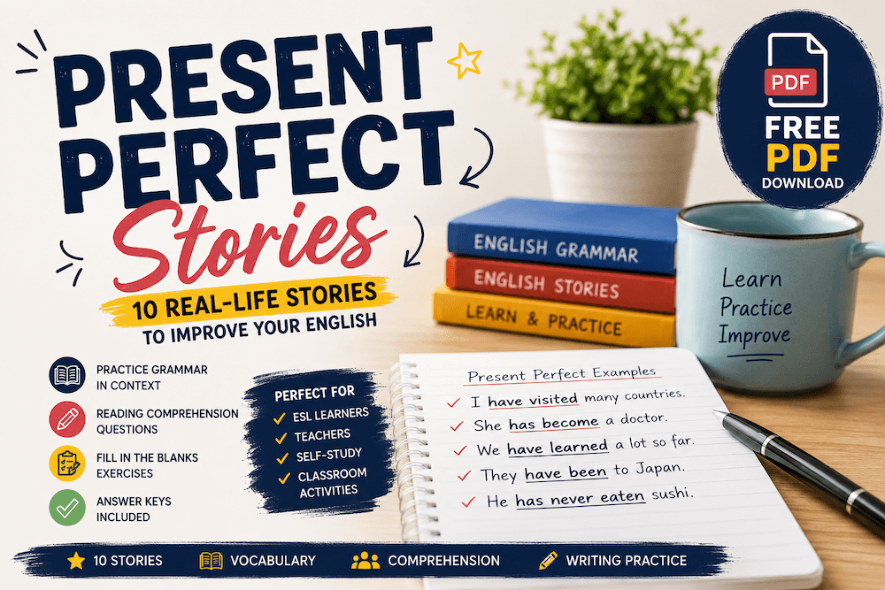 Present perfect stories with free PDF for English learners