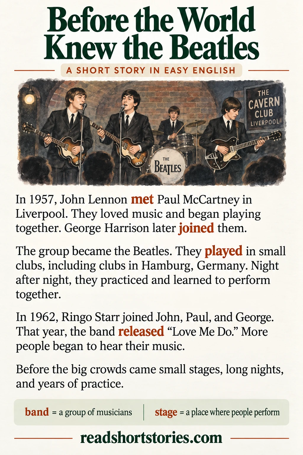 Illustrated short story about how the Beatles formed, with highlighted English verbs and definitions of band and stage.