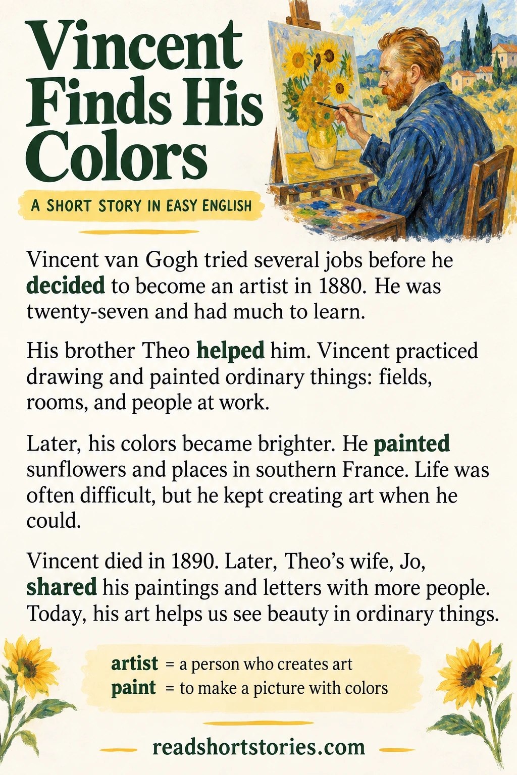 Illustrated short story about Vincent van Gogh’s artistic journey, with highlighted English verbs and definitions of artist and paint.
