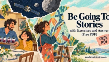 Cut-paper collage of a backward dinner, a community hand mural, and DART approaching an asteroid, beside the Be Going To Stories title.