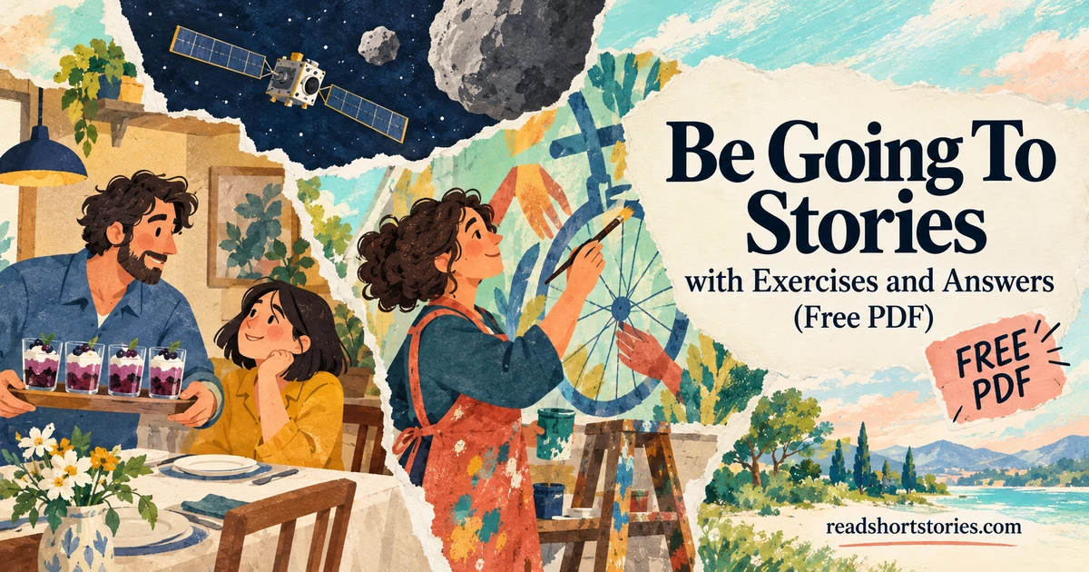 Cut-paper collage of a backward dinner, a community hand mural, and DART approaching an asteroid, beside the Be Going To Stories title.