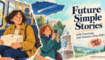 Paper-collage cover showing a woman holding a cake box on a bus, a woman recording fountain sounds on her phone, and a comet.