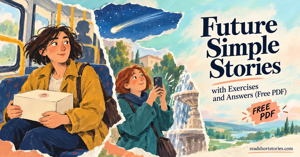 Paper-collage cover showing a woman holding a cake box on a bus, a woman recording fountain sounds on her phone, and a comet.