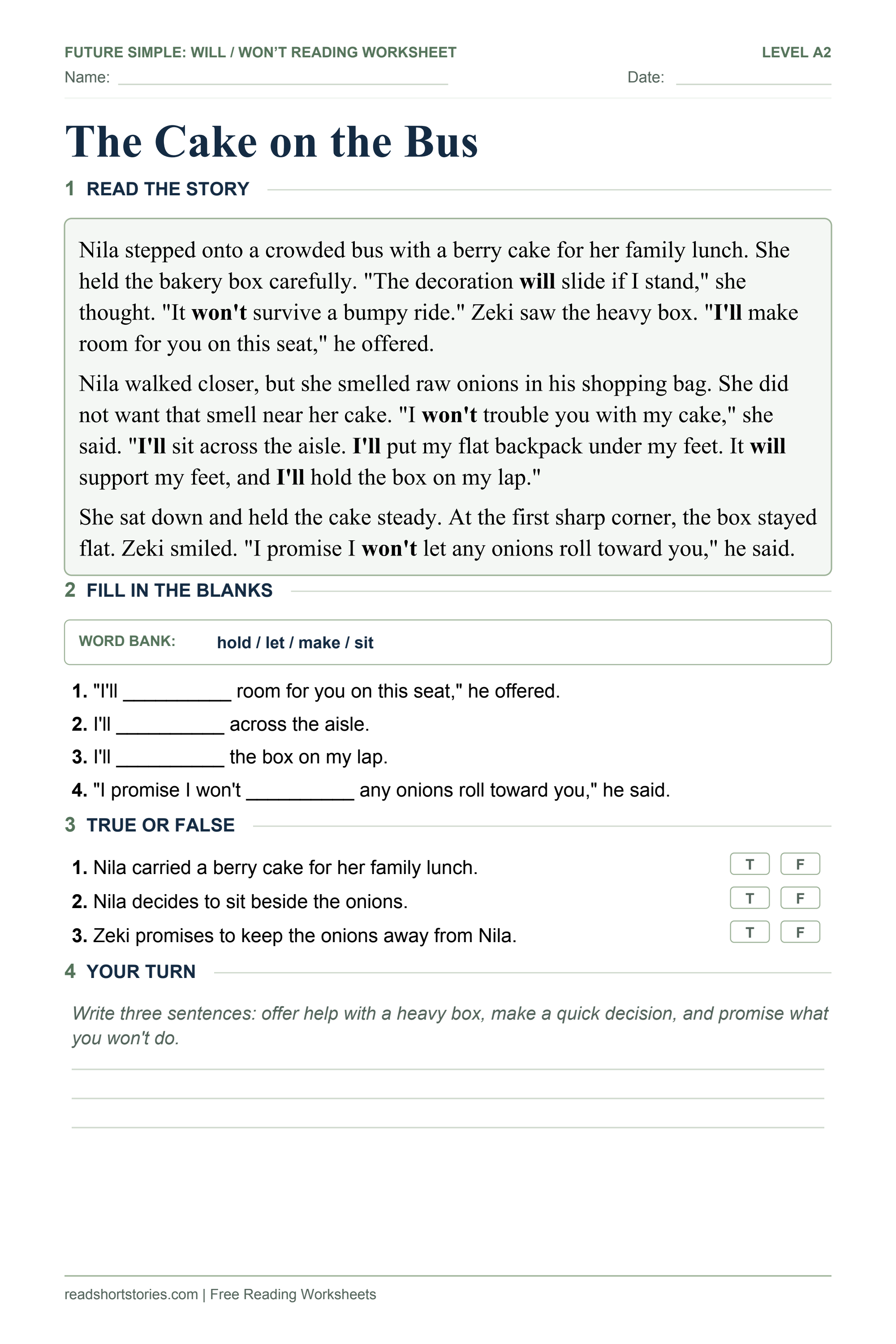 The Cake on the Bus: short future simple story and exercises worksheet.