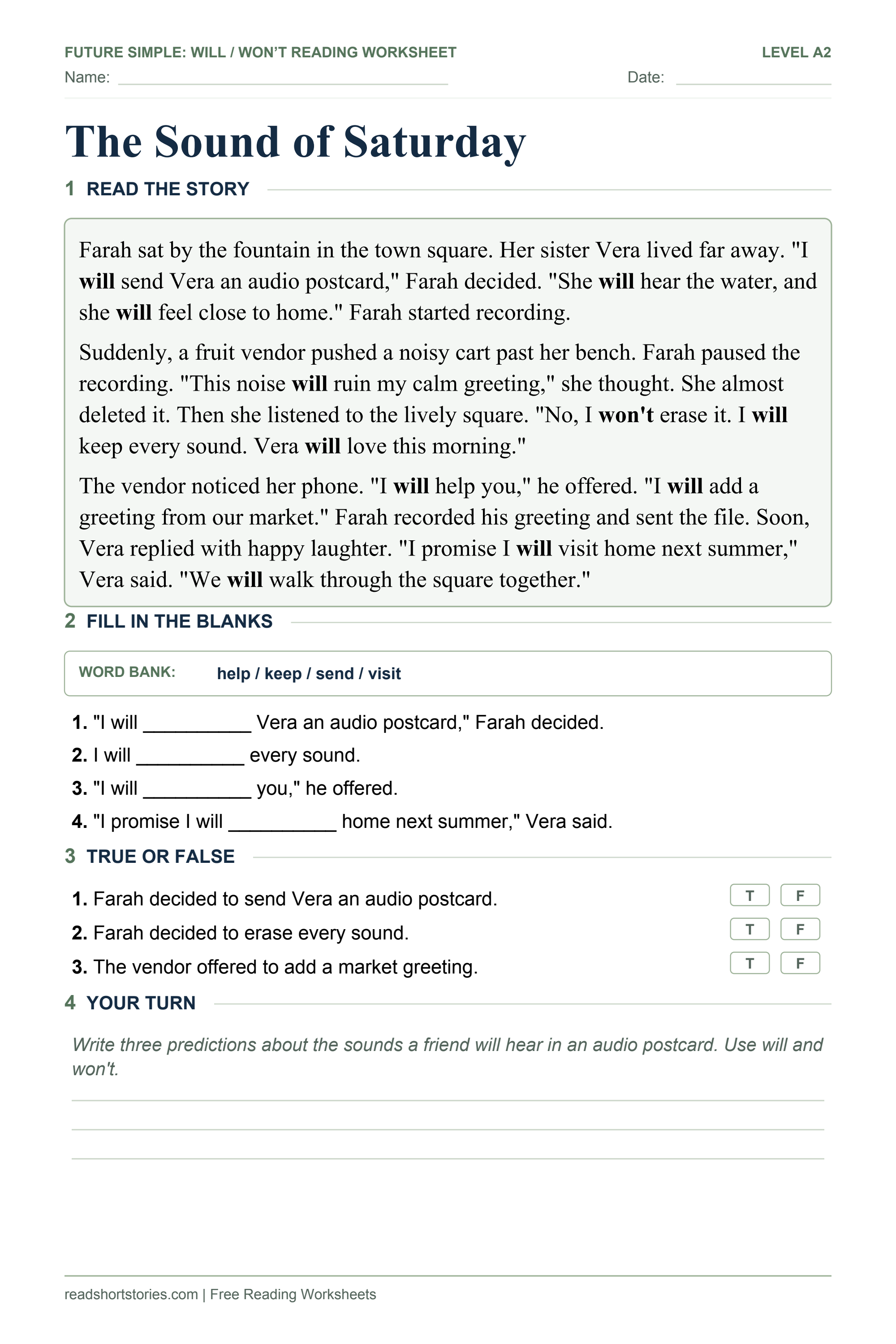 The Sound of Saturday: short future simple story and exercises worksheet.