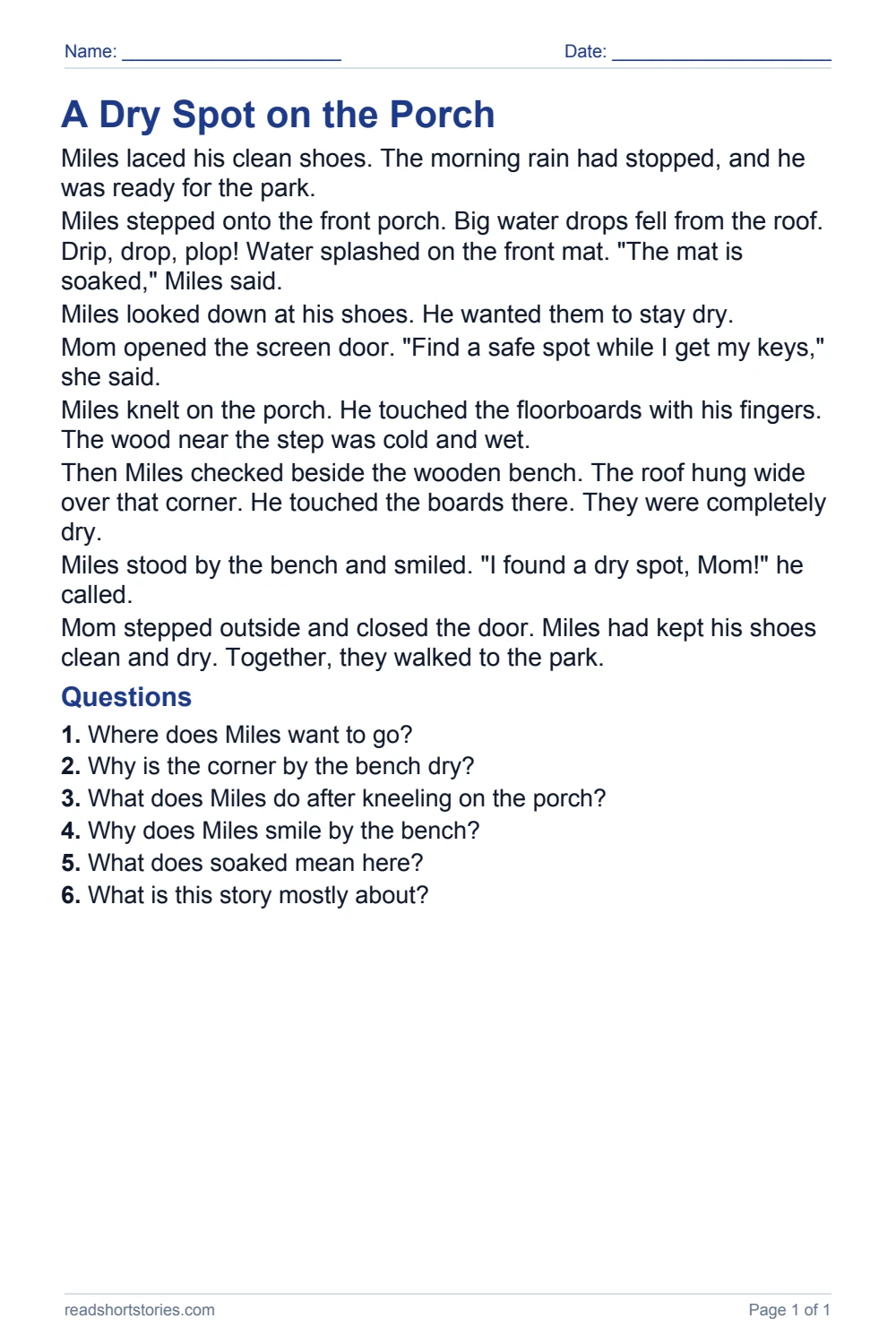 A Dry Spot on the Porch: full story and questions worksheet, page 1.
