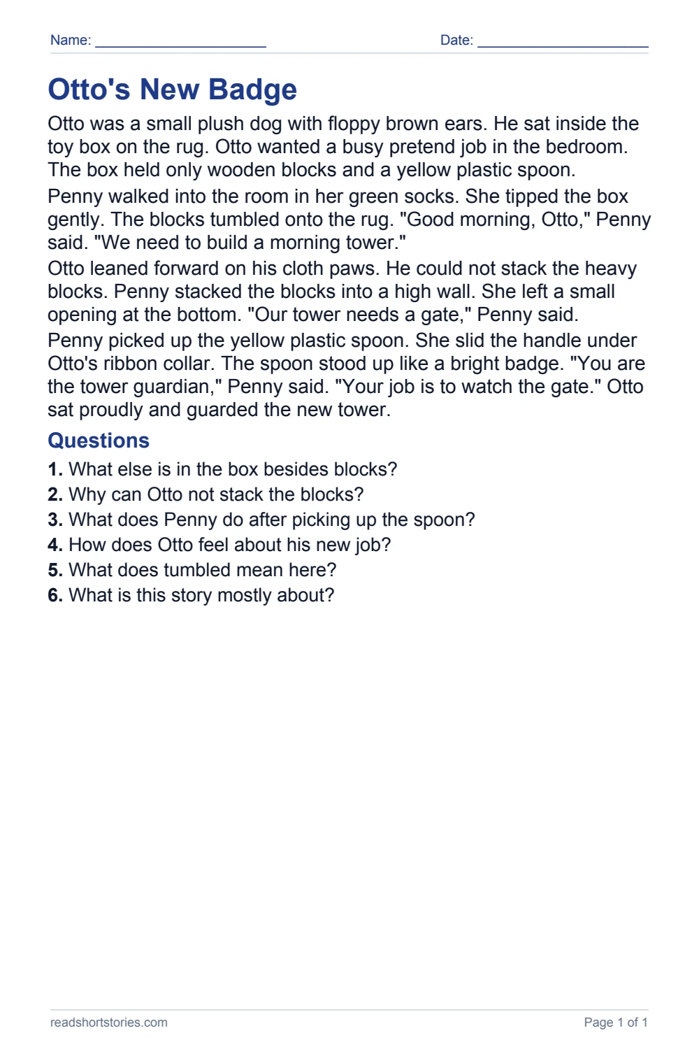 Otto's New Badge: full story and questions worksheet, page 1.