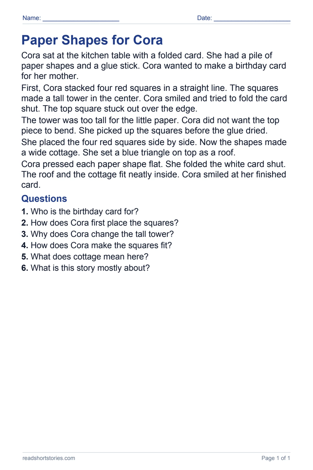 Paper Shapes for Cora: full story and questions worksheet, page 1.