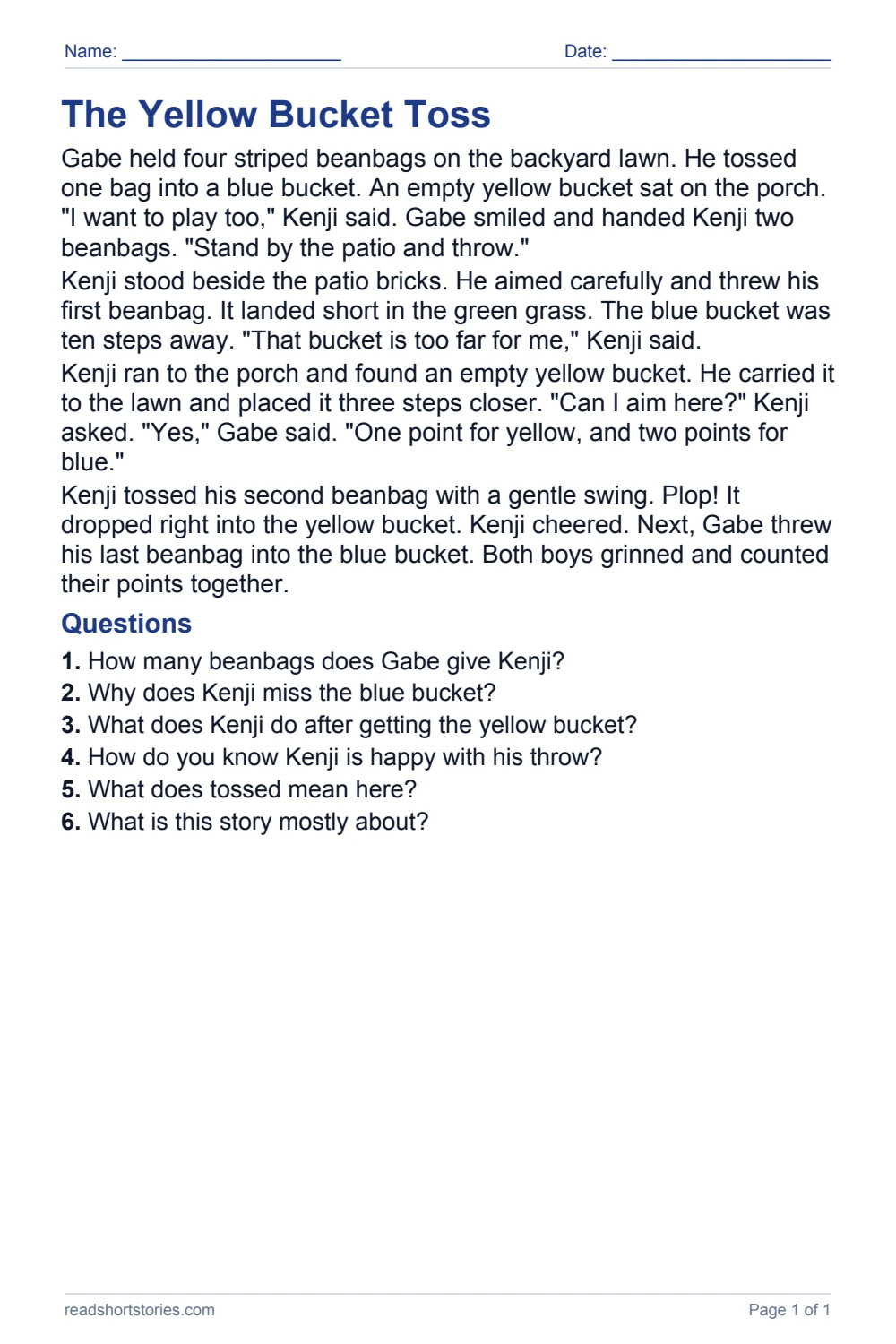 The Yellow Bucket Toss: full story and questions worksheet, page 1.