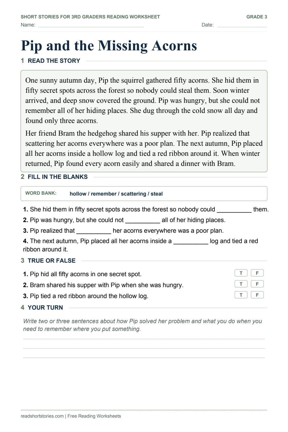 Pip and the Missing Acorns worksheet: a squirrel fable about remembering food stores, with a word bank, true-or-false questions and a writing task.
