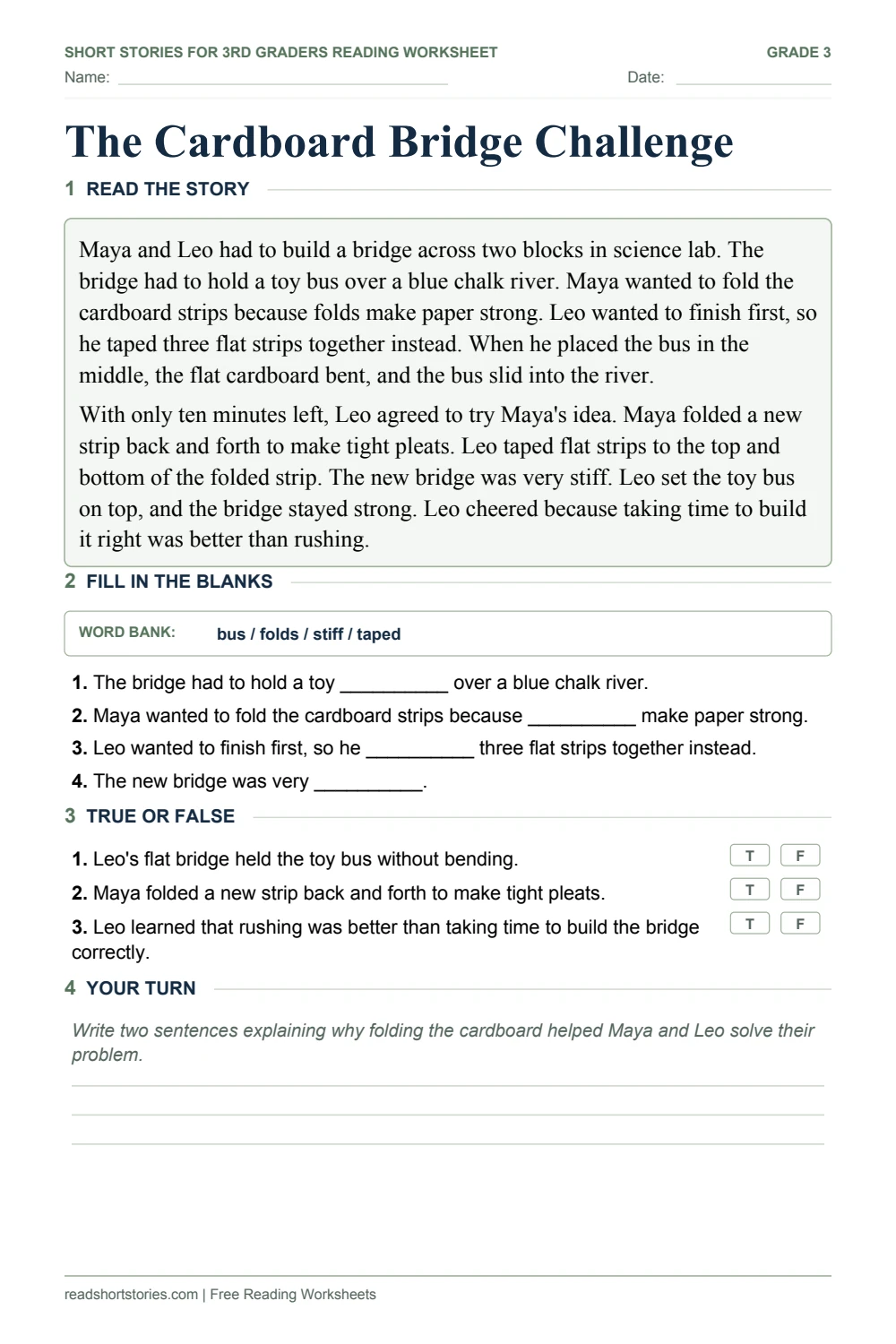 Printable cardboard bridge reading worksheet: Maya and Leo test flat and folded cardboard, followed by blanks and true-or-false practice.