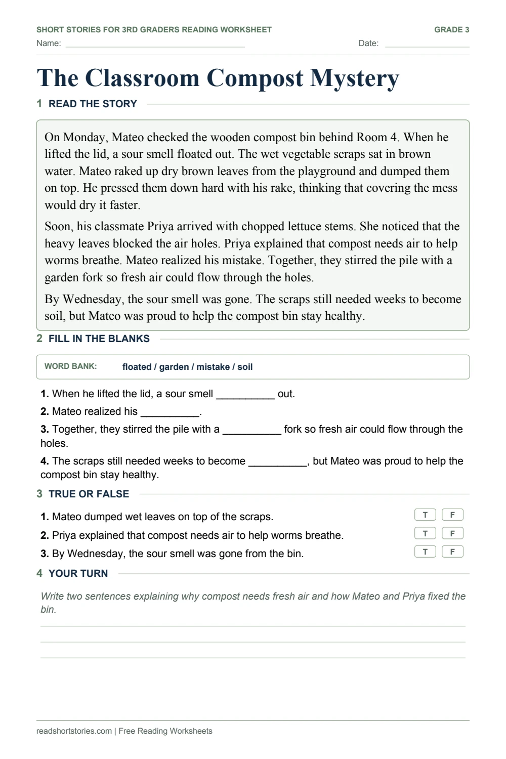 Grade 3 compost worksheet: Mateo checks a soggy bin, with a short passage, four word-bank blanks and three true-or-false questions.