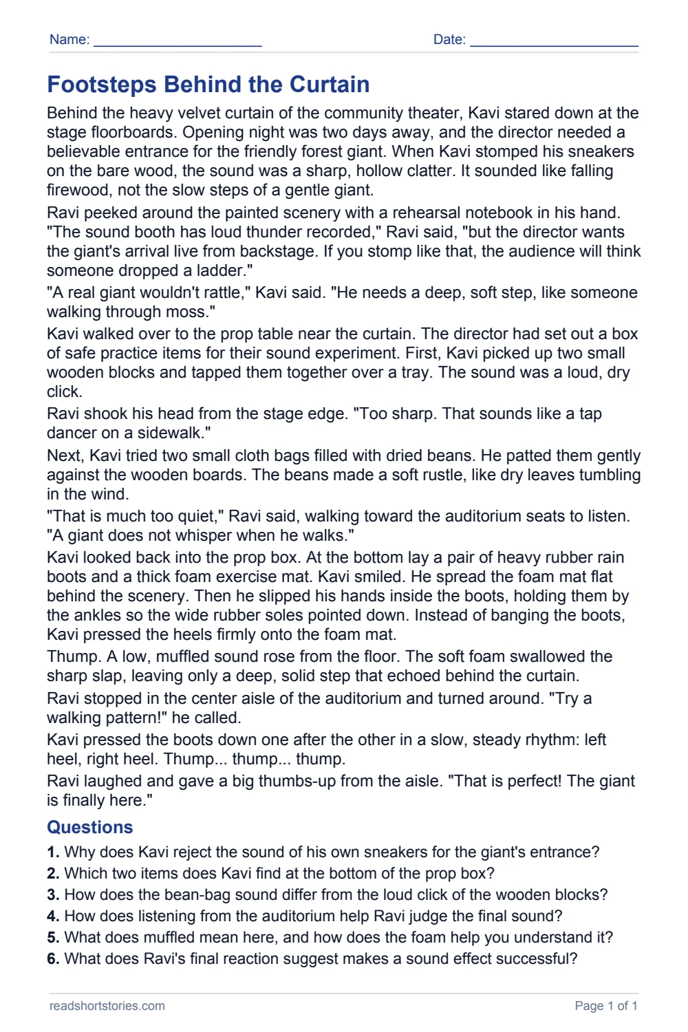 Footsteps Behind the Curtain: full story and questions worksheet, page 1.