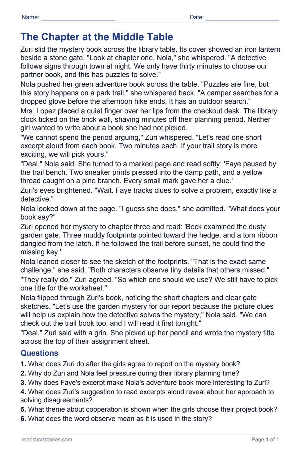 The Chapter at the Middle Table: full story and questions worksheet, page 1.