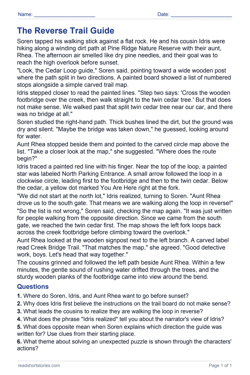The Reverse Trail Guide: full story and questions worksheet, page 1.