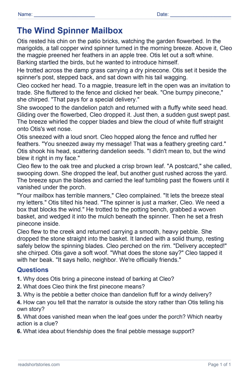 The Wind Spinner Mailbox: full story and questions worksheet, page 1.
