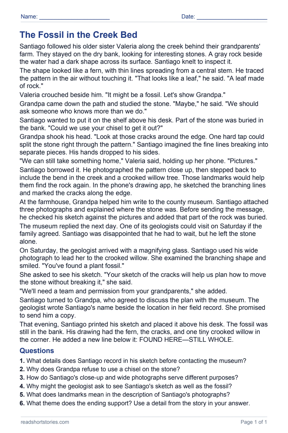 The Fossil in the Creek Bed: full story and questions worksheet, page 1.
