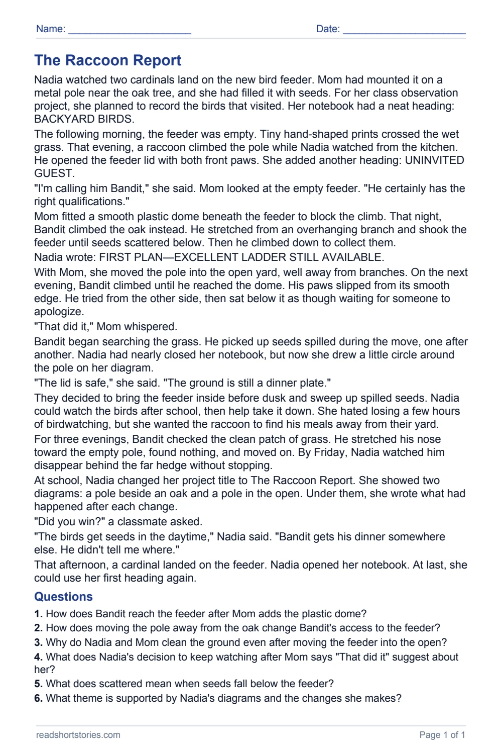The Raccoon Report: full story and questions worksheet, page 1.