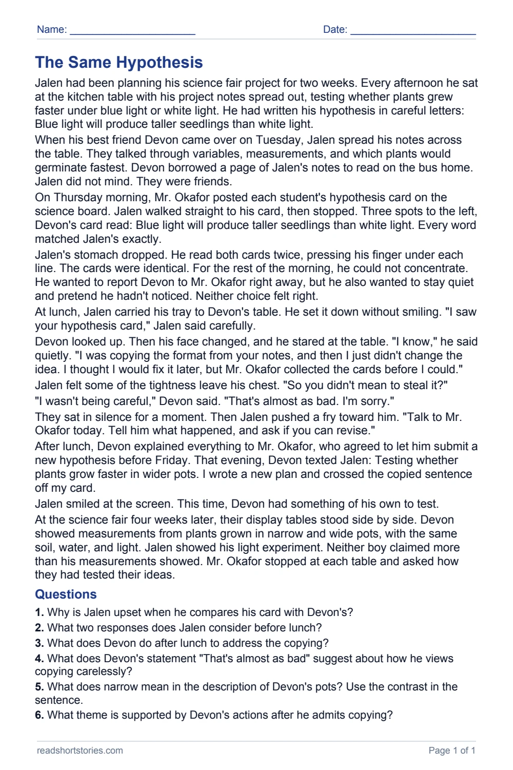 The Same Hypothesis: full story and questions worksheet, page 1.