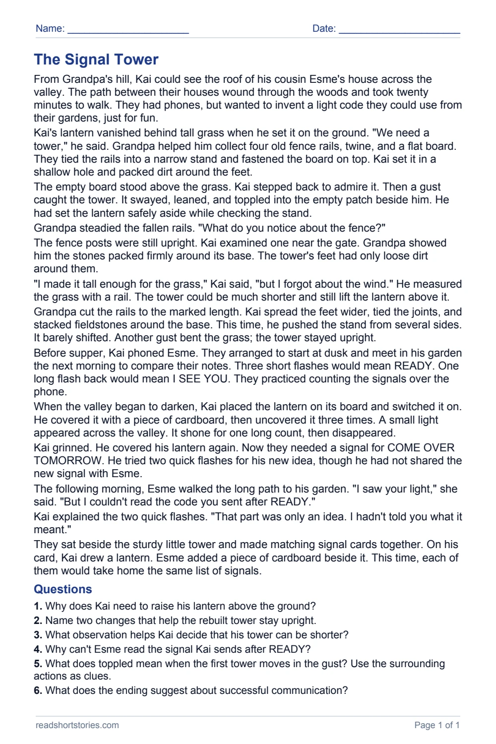 The Signal Tower: full story and questions worksheet, page 1.