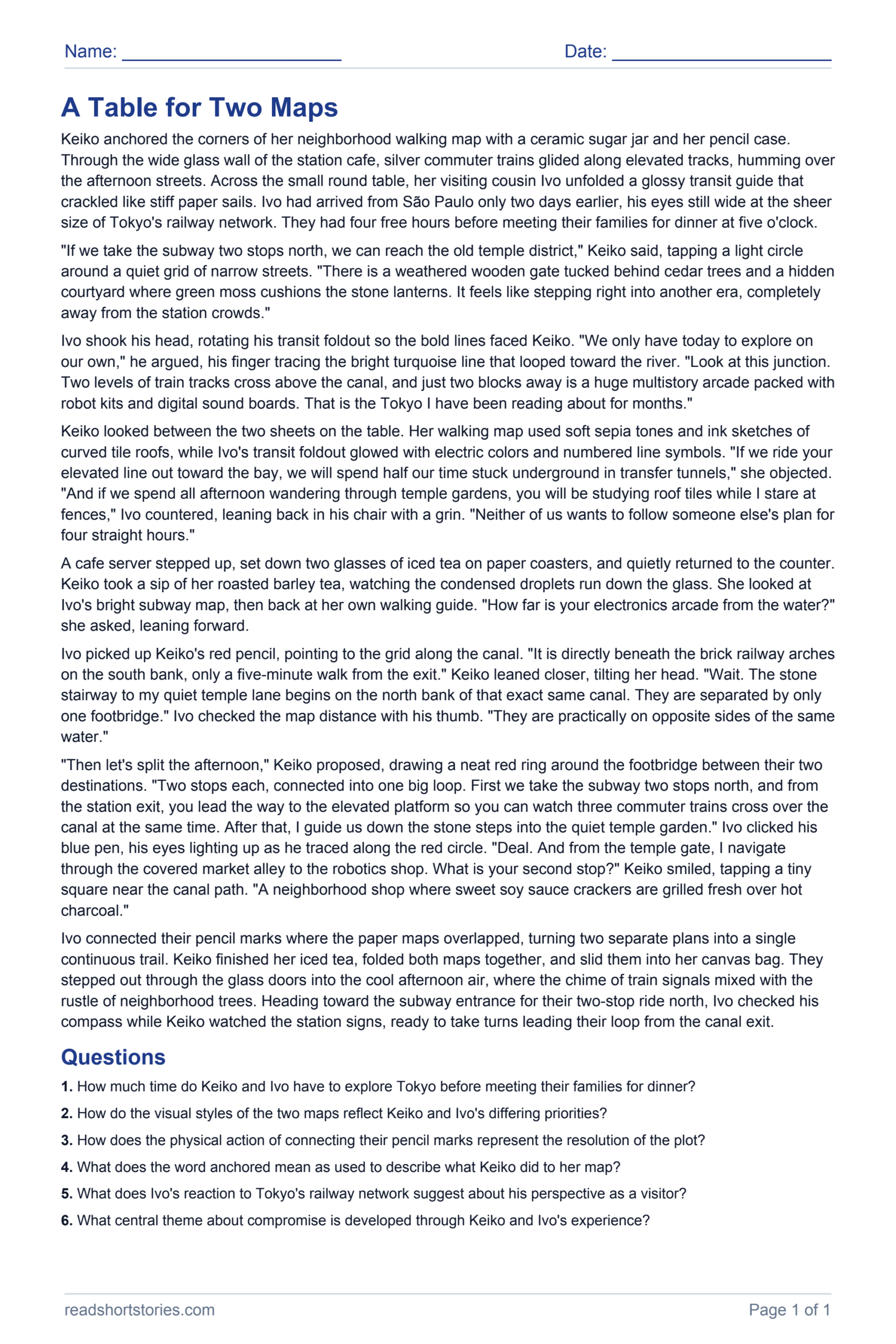 A Table for Two Maps: full story and questions worksheet, page 1.
