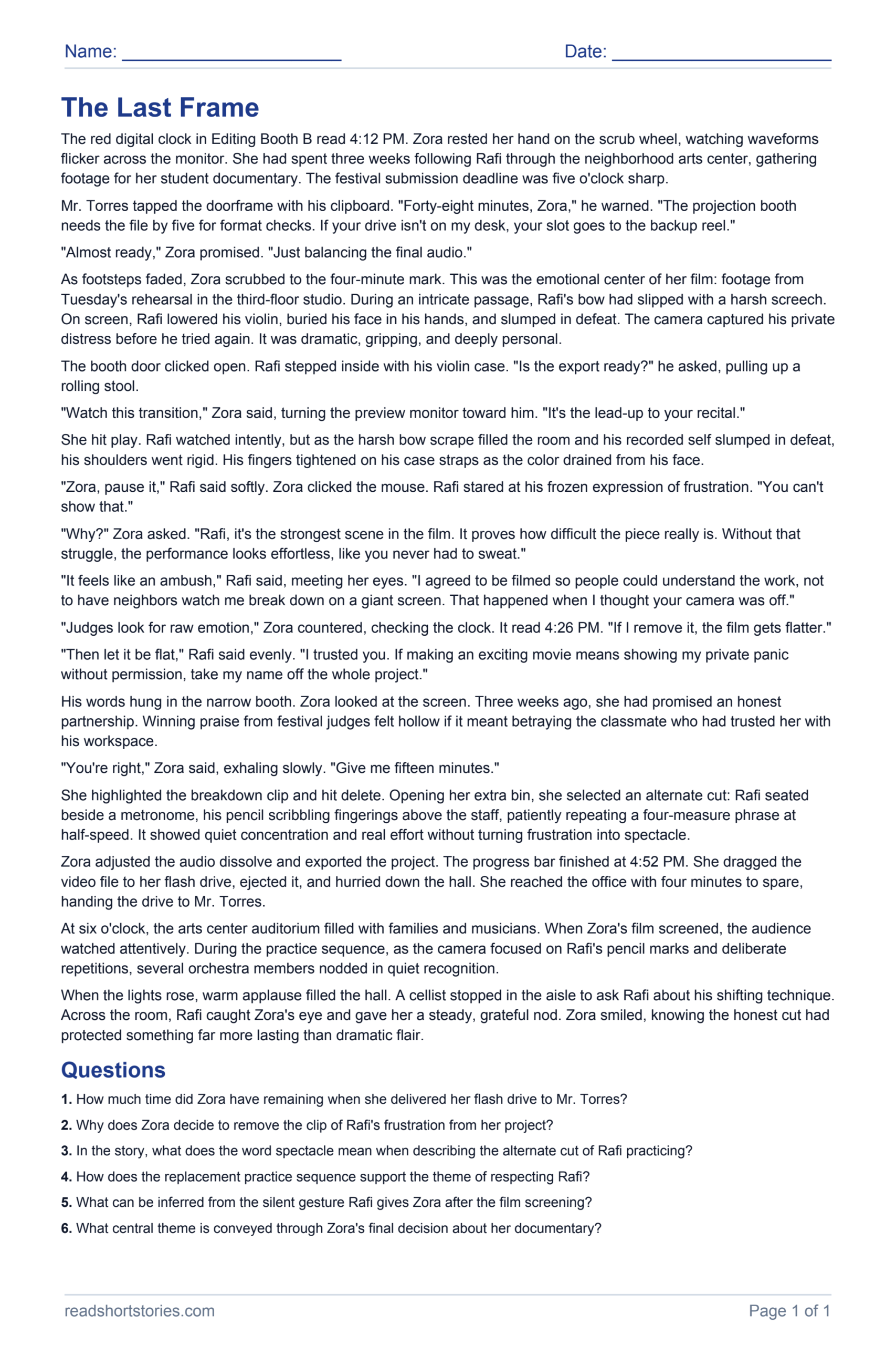 The Last Frame: full story and questions worksheet, page 1.