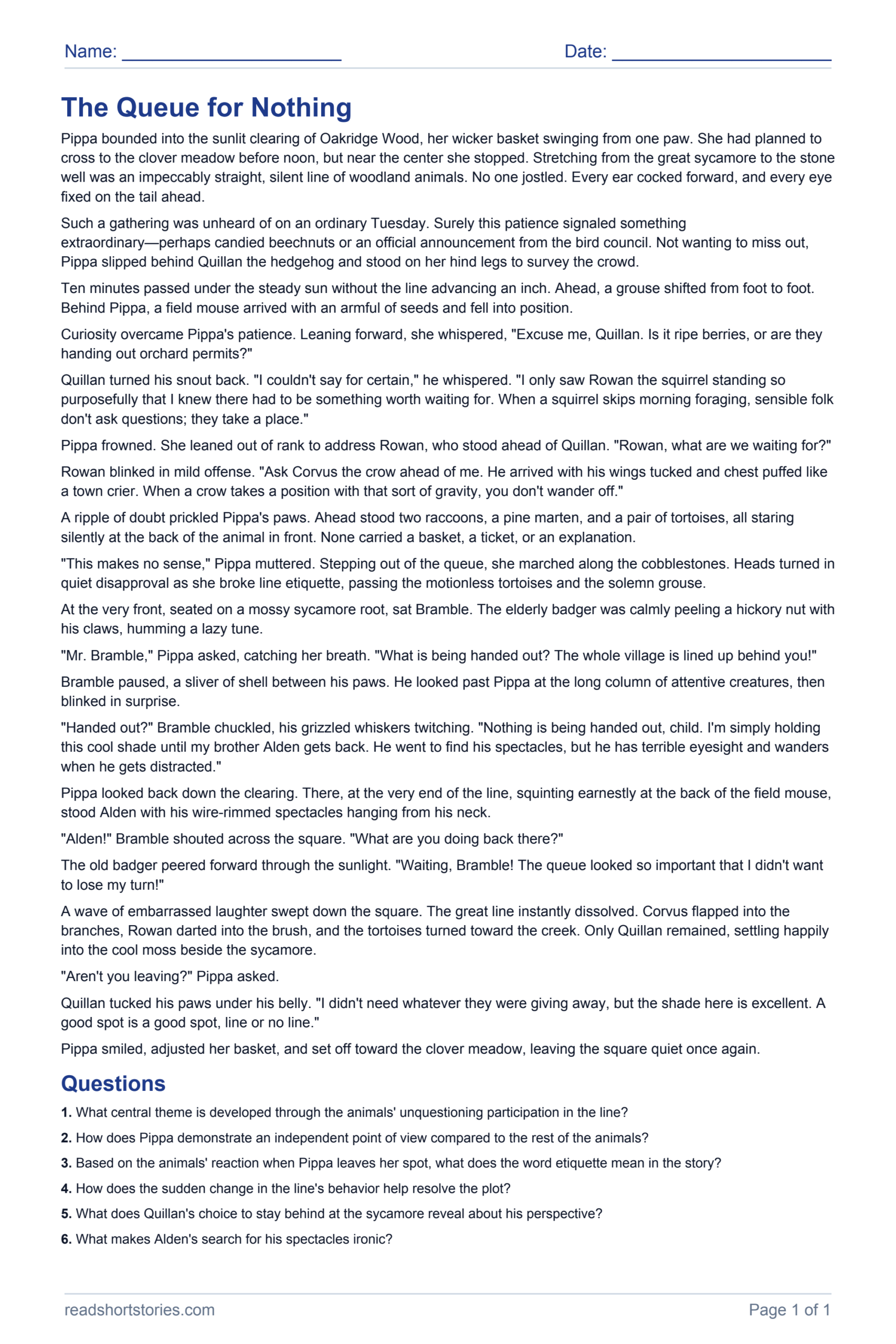 The Queue for Nothing: full story and questions worksheet, page 1.