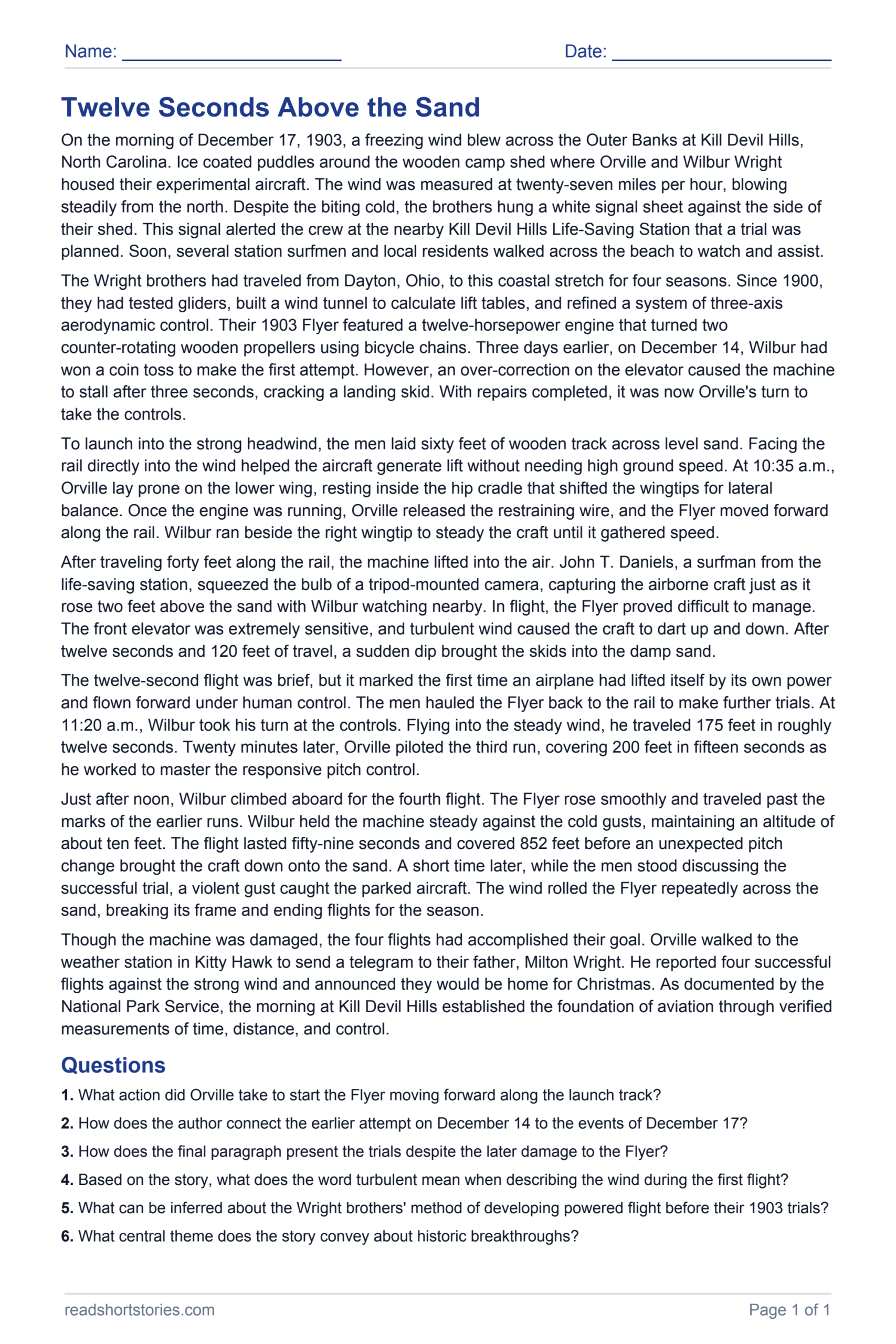 Twelve Seconds Above the Sand: full story and questions worksheet, page 1.