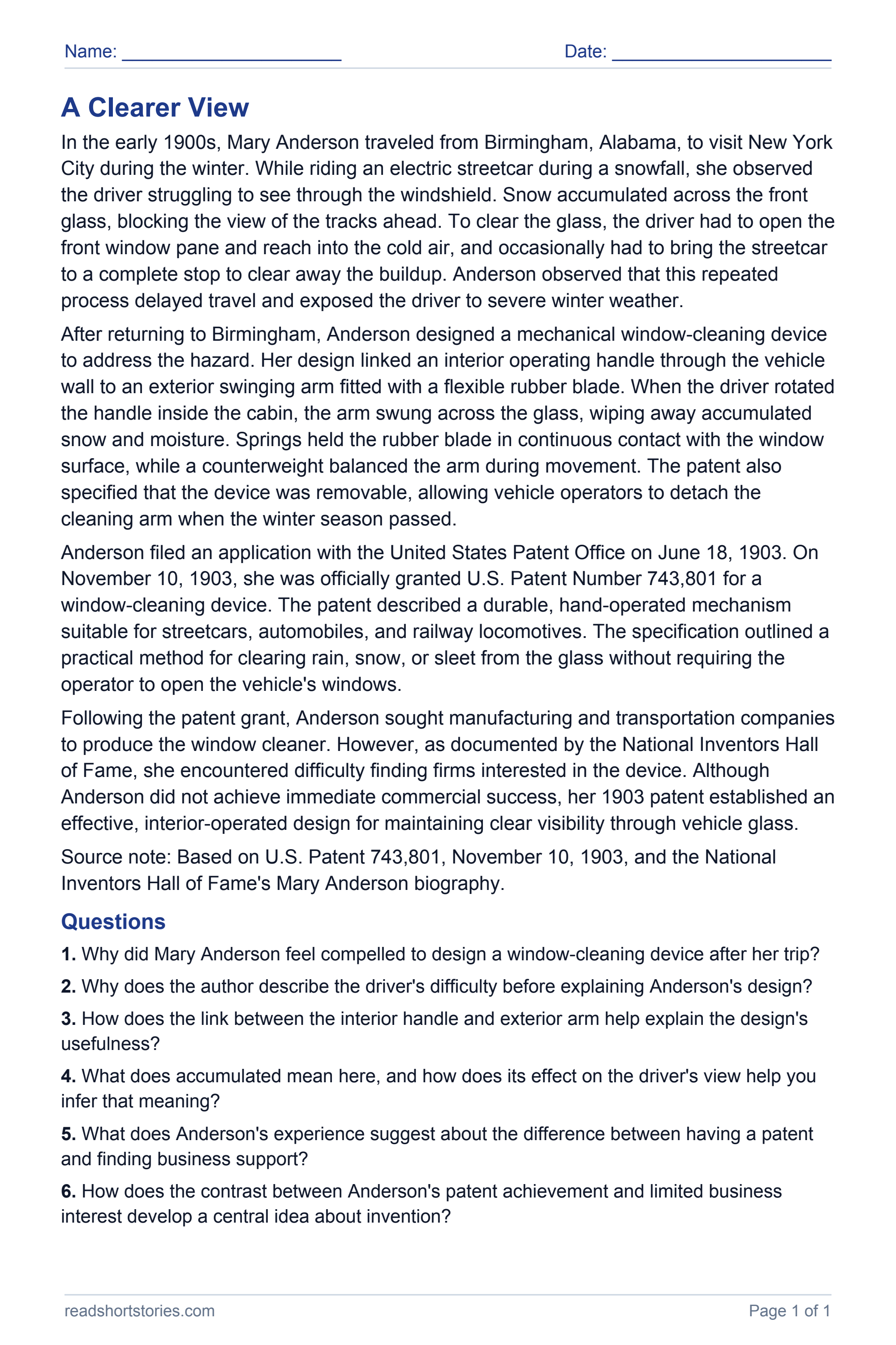A Clearer View: full story and questions worksheet, page 1.