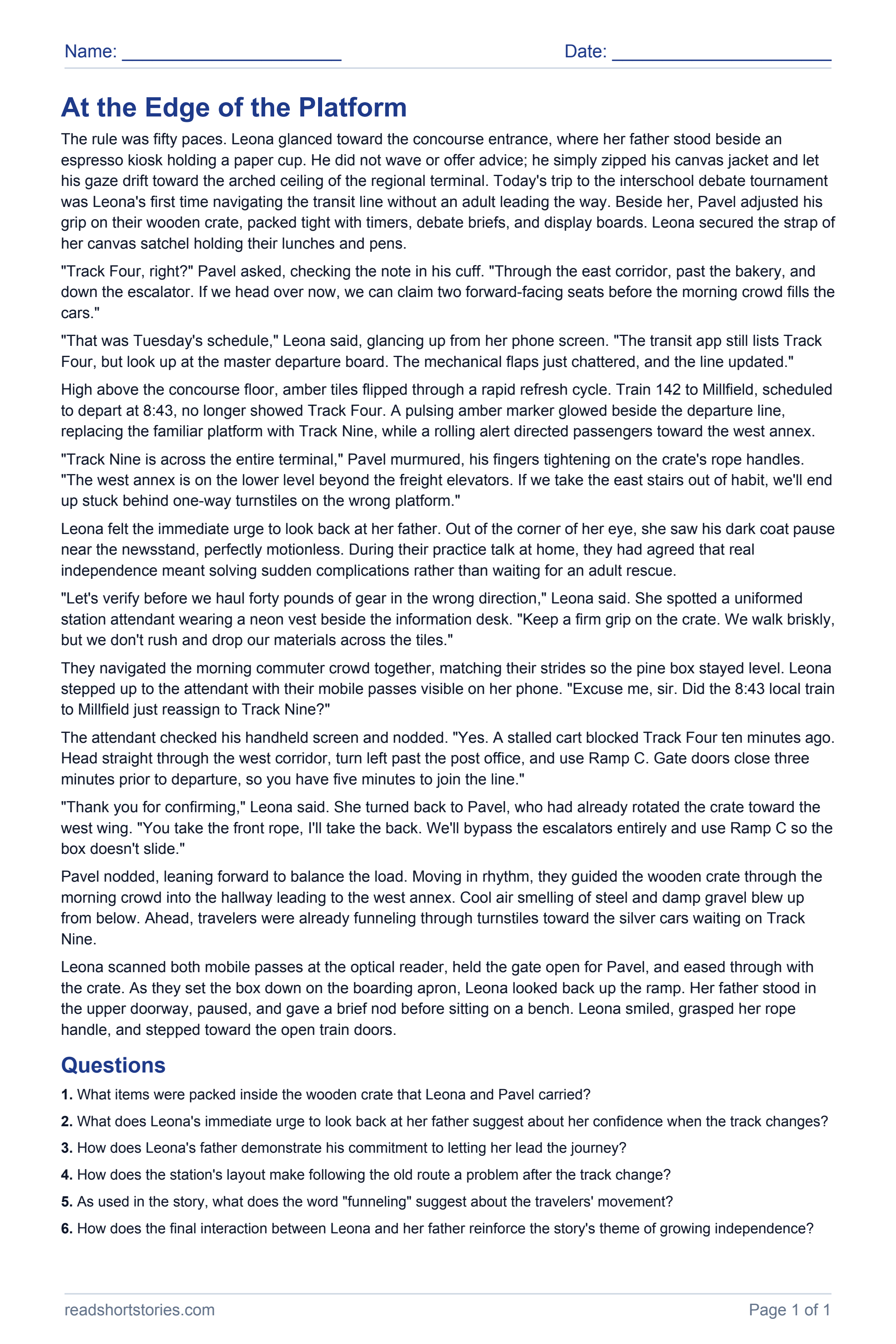 At the Edge of the Platform: full story and questions worksheet, page 1.