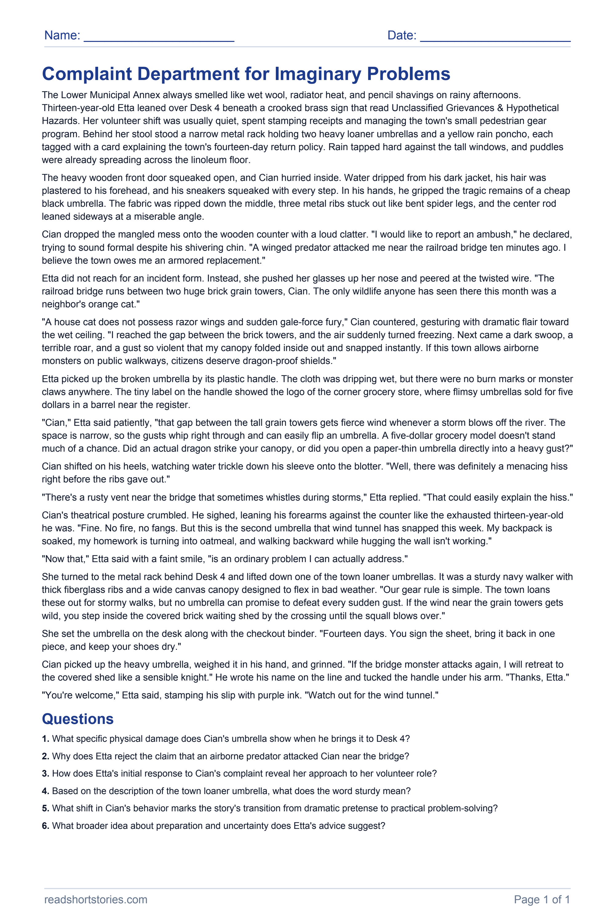 Complaint Department for Imaginary Problems: full story and questions worksheet, page 1.