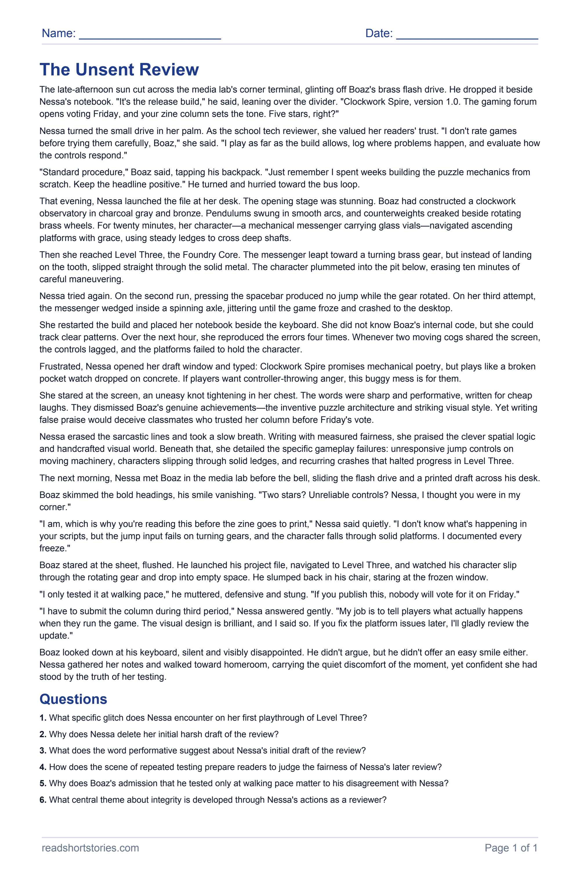 The Unsent Review: full story and questions worksheet, page 1.