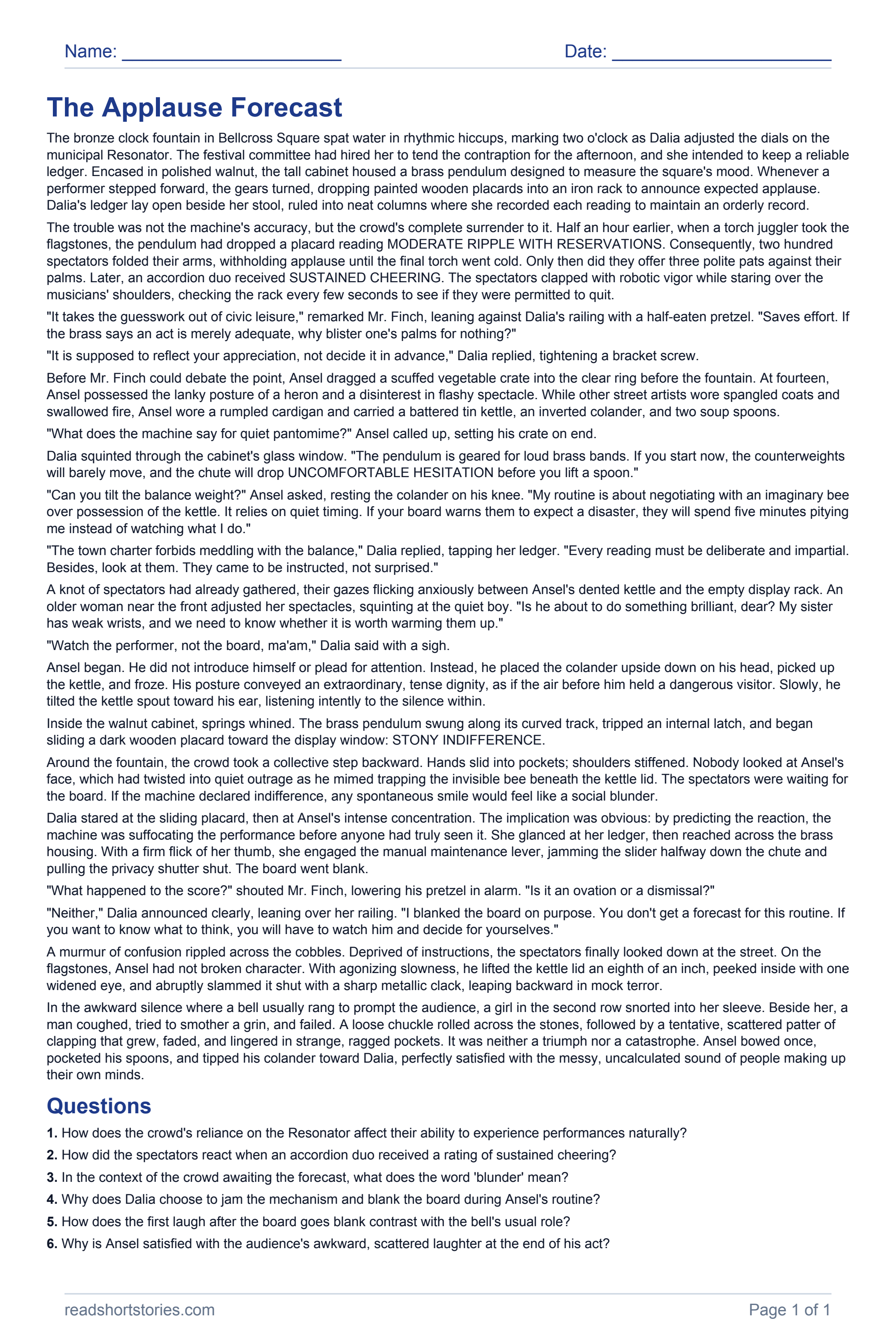 The Applause Forecast: full story and questions worksheet, page 1.