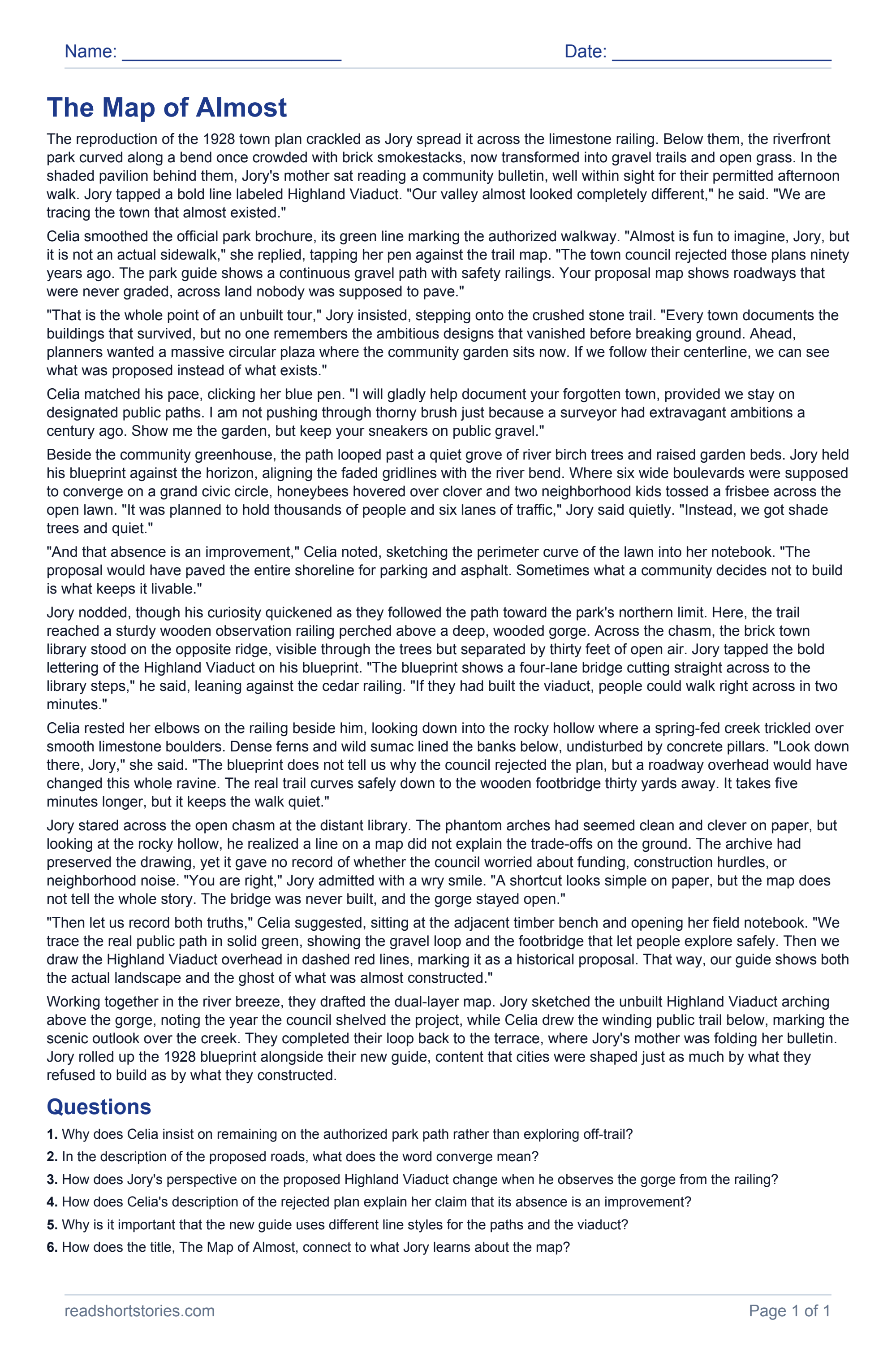 The Map of Almost: full story and questions worksheet, page 1.