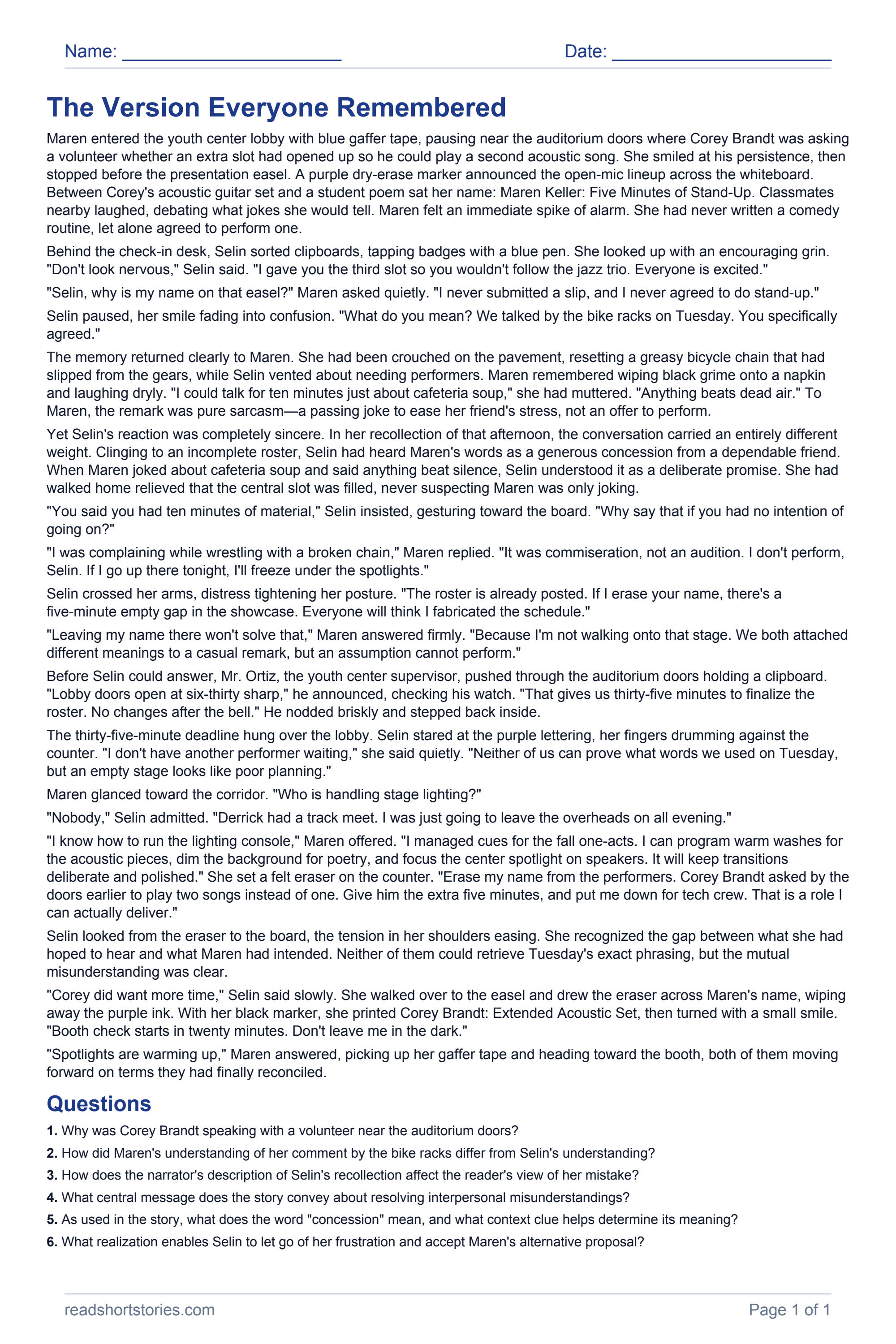 The Version Everyone Remembered: full story and questions worksheet, page 1.