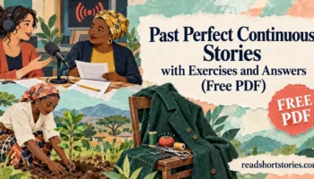 Past Perfect Continuous story collection cover showing a radio recording, community tree planting, and a green coat with sewing tools.