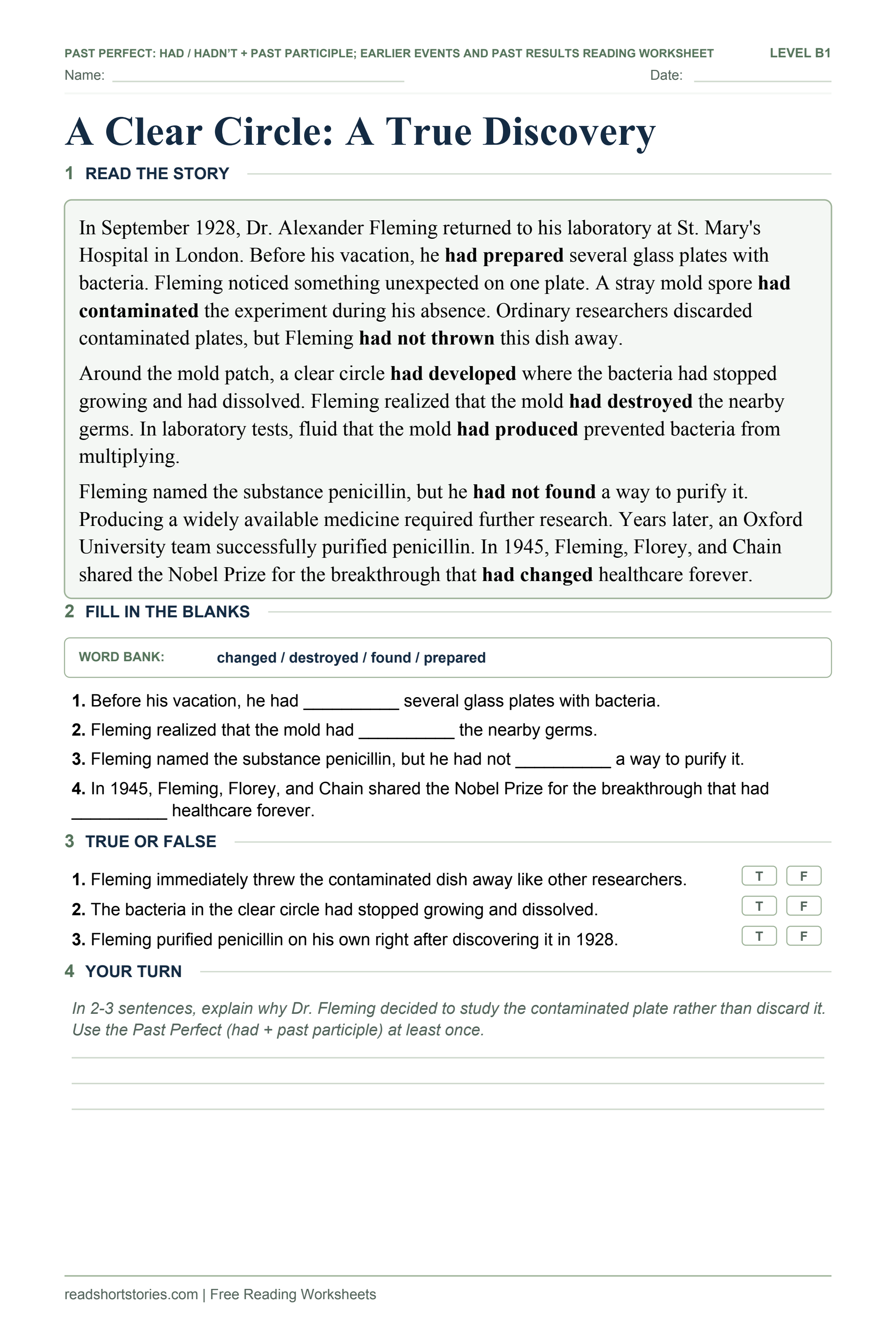 A Clear Circle: A True Discovery: short past perfect story and exercises worksheet.