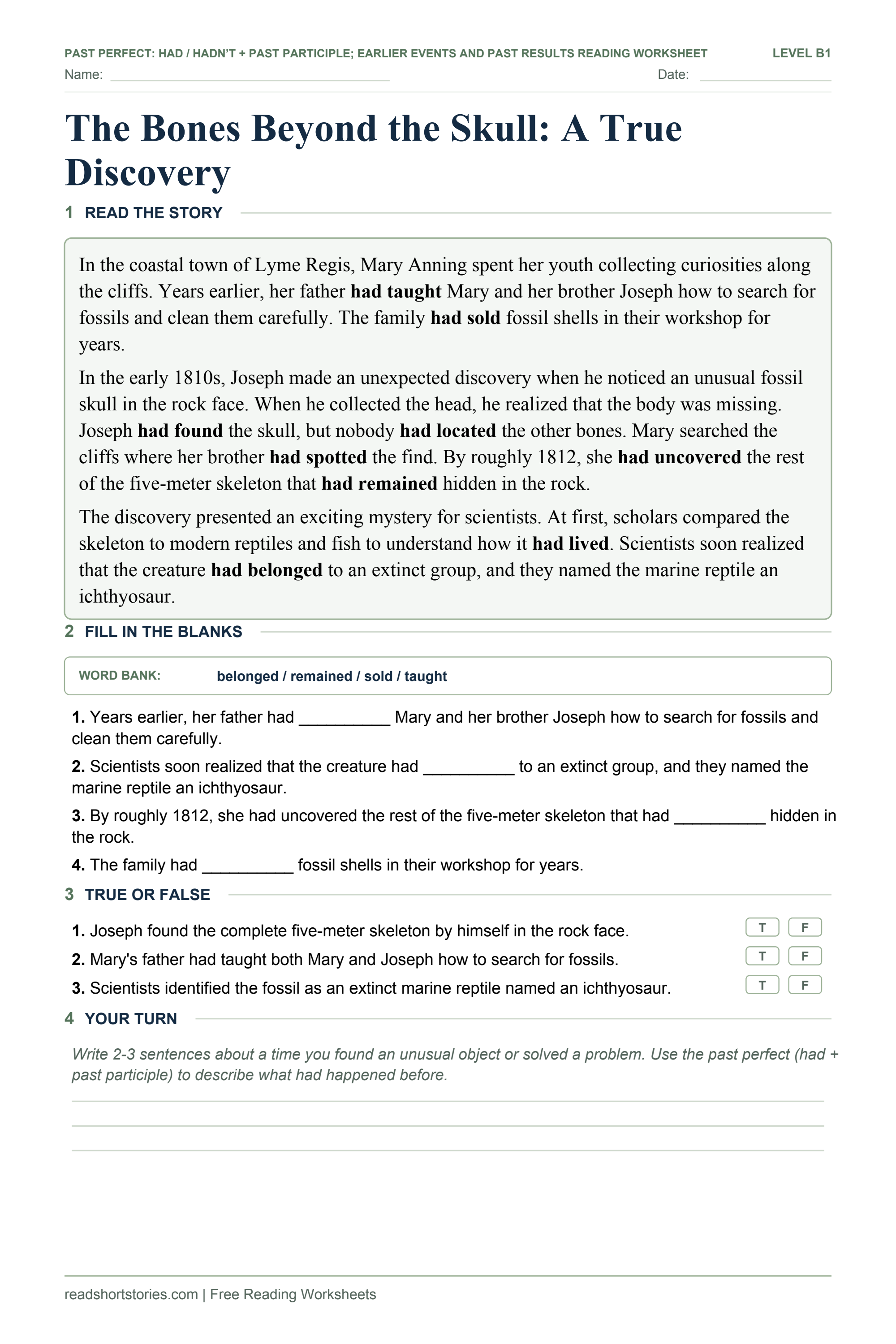 The Bones Beyond the Skull: A True Discovery: short past perfect story and exercises worksheet.