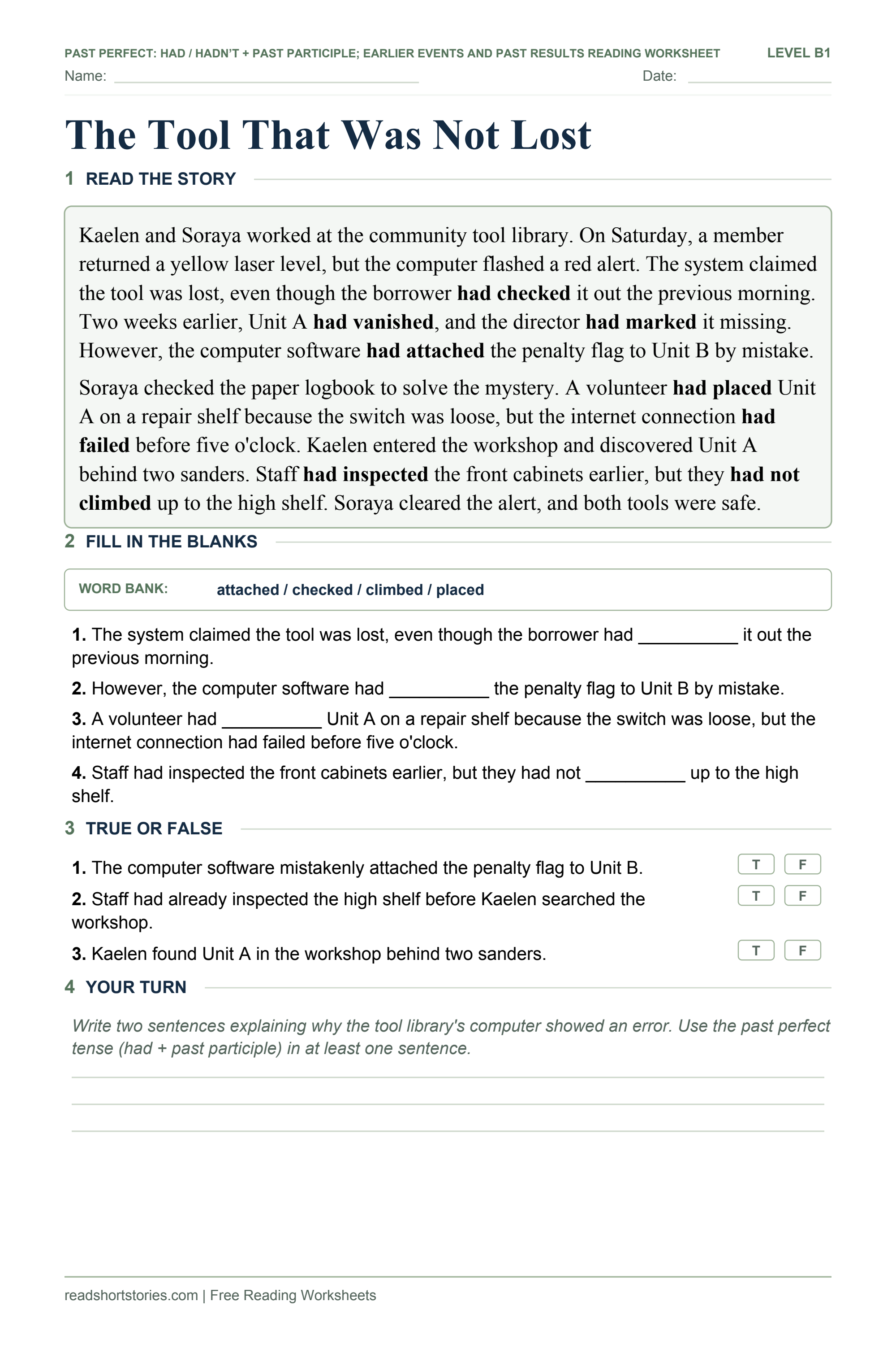 The Tool That Was Not Lost: short past perfect story and exercises worksheet.