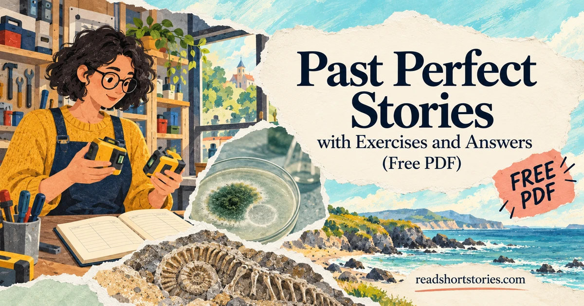 Past Perfect Stories cover: an adult checking two yellow tools, a mold culture dish, and a fossil shell beside the coast.